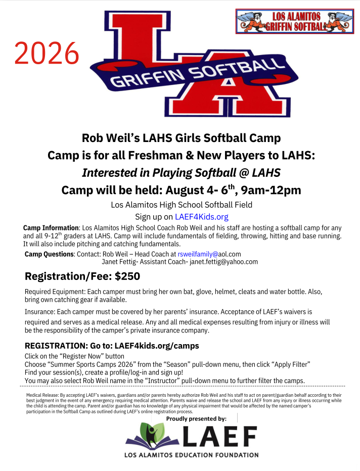 2026 LAHS Girls Softball Summer Camp flyer
